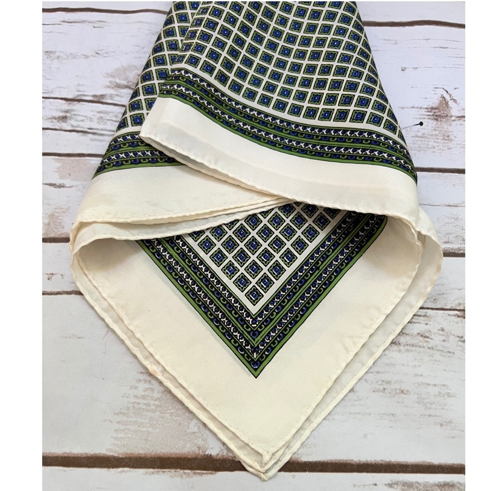 VTG Square Scarf Green Blue Geometric Tile Print Silk Feel 27x27